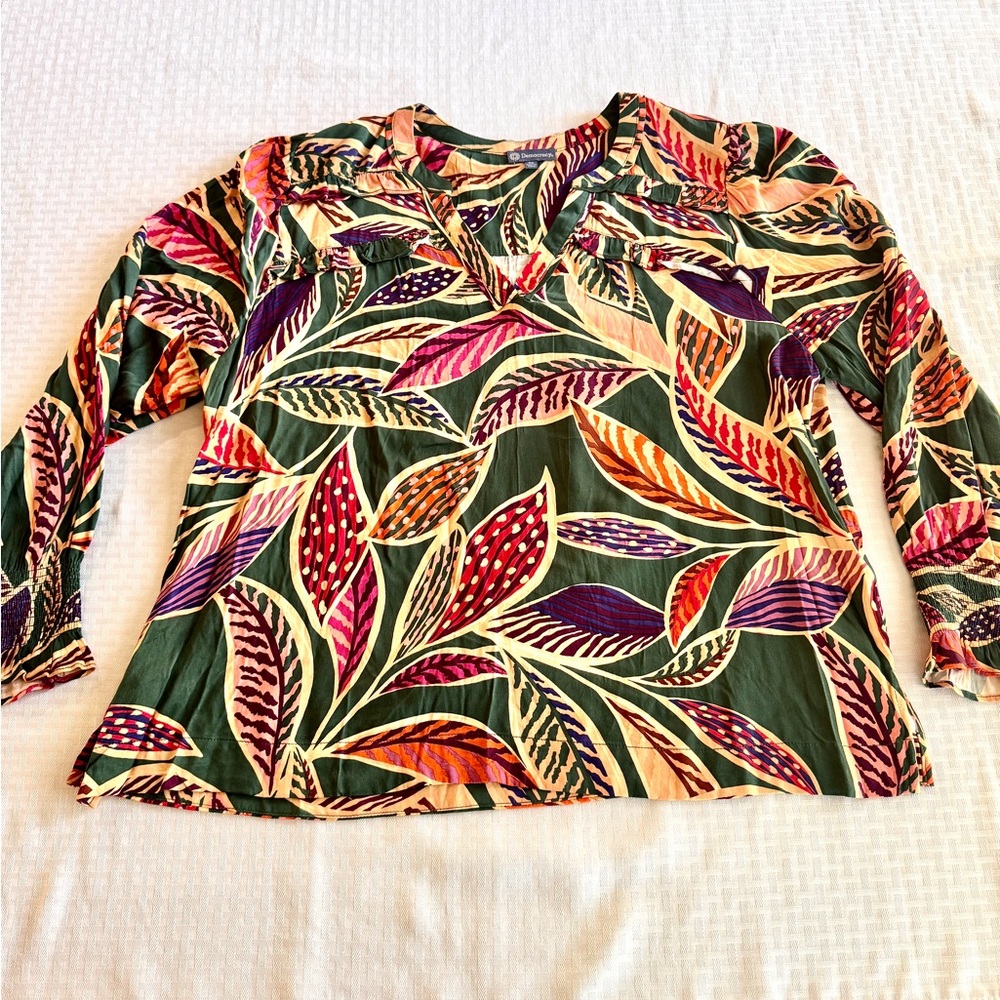 Democracy 2X Tropical Leaf Print Blouse Plus Size Ruffle Smocked Sleeve Boho Top